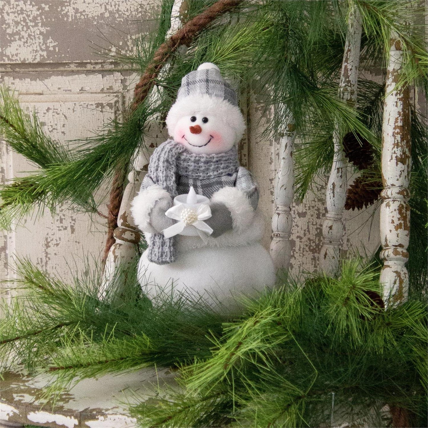 GRAY PLAID SNOWMAN W CANDLE