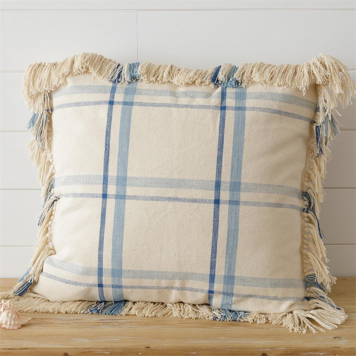 PILLOW - BLUE PLAID W/FRINGE