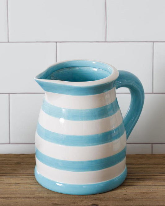 BLUE AND WHITE STRIPED PITCHER