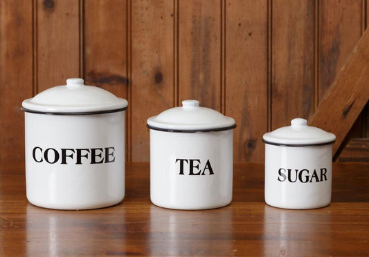 WHITE ENAMELWARE- CANISTER COFFEE TEA SUGAR