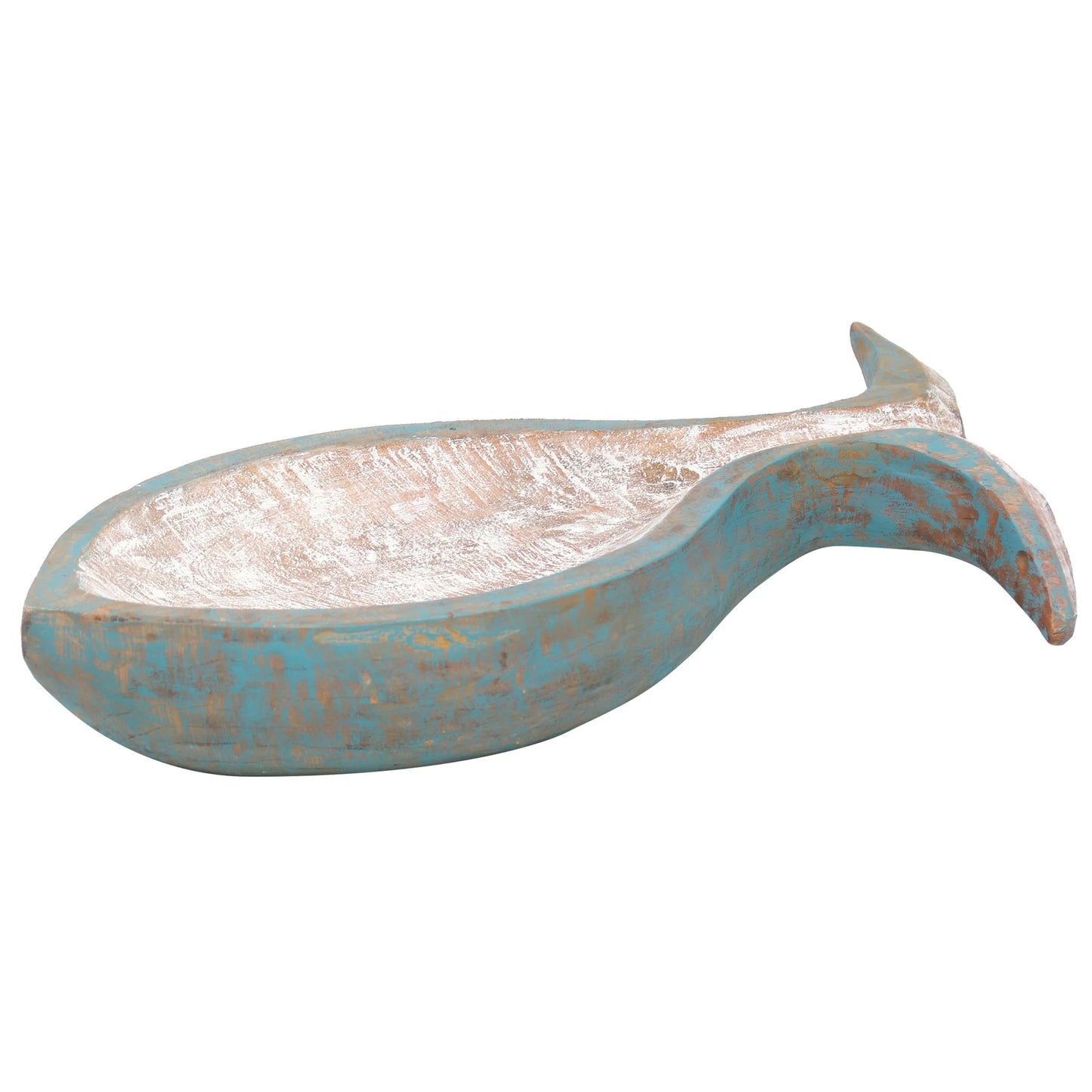 WASHED BLUE Carved Wooden Fish Shaped Bowl