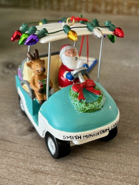 SANTA & REINDEER ON GOLF CART ORNAMENT