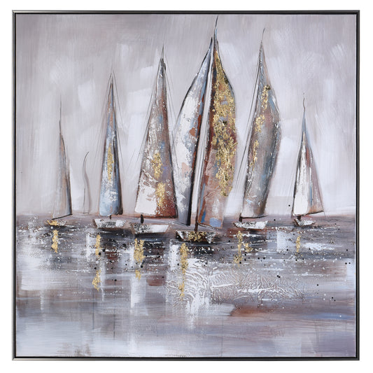 SAILBOAT FRAMED OIL PAINTING SILVER&BLACK